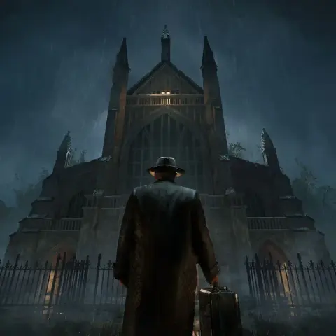 A figure in a dark coat and hat stands with their back to the viewer, facing a large, gothic-style church illuminated by a single light in the upper window. The scene is set in a rainy atmosphere, with droplets visible in the air, and the church is surrounded by a wrought-iron fence, adding to the ominous ambiance. The overall color palette is dark and moody, enhancing the sense of mystery and foreboding.