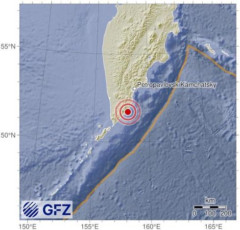 Map showing the earthquake of 2025-10-09 in Near East Coast of Kamchatka