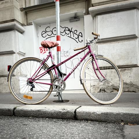 Ein Fahrrad von Peugeot steht an ein Straßenschild angeschlossen auf einem Fußweg am Bordsteinrand