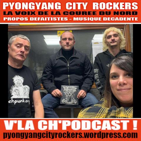 Flyer du podcast / replay de Pyongyang City Rockers #408. 
4 loustics contents d'elleux (#oupas).