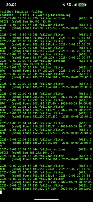 Captura de pantalla del registre de detencions i bloquejos del fail2ban