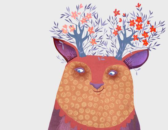 Family Comes in All Shapes, Sizes and Colors
Smiling, friendly mom and toddler creatures shine in their brilliant orange, purple and pink colors. Their blue horns bloom with tiny flowers.
