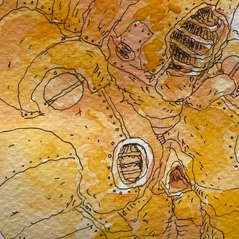 Zoom aun más cercano con colores naranjas y amarillos del robot acorazado y sus placas pectorales que parecen un poco tetas