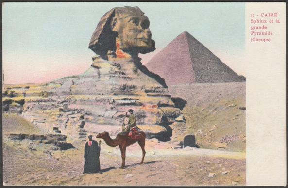 Printed colour postcard showing a view of the Sphinx and Great Pyramid of Cheops at Giza near Cairo in Egypt.

Publisher not stated, No 17, undivided back.

Postally unused.

Very good condition, with very slight corner bumps.