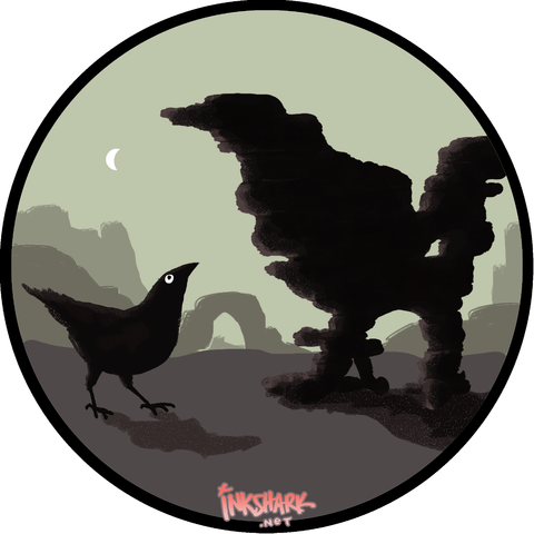 A quizzical black bird gazing up at a rock formation that eroded into the shape of a similar but larger bird