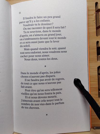 Photo de la page 21

"Il faudra le fait un peu grand
parce qu'il y a les enfants.
Voudrais-tu le dessiner ?
Ou me raconter de quoi il sera fait ?
Tu te souviens, dans le monde
d'après, on s'aimera au grand jour,
on s'embrassera devant tout le monde
et ce sera aussi juste que le lever
du soleil.
Mais quand viendra le soir, quand
tout sera endormi, nous voudrons nous
cacher pour nous aimer.
Nous deux, toutes les deux.

Dans le monde d'après, les jolies
choses n'auront pas disparu.
Il ne faudra pas avoir de regrets,
de tout ce que nous n'aurons pas
fait avant.
Peut-être qu'on sera tellement
vieilles qu'on nous foutra la paix.
Et si nous devons mourir,
j'aimerais avant cela noyer tout le
sombre de nos vies dans le parfum 
de tes cheveux."