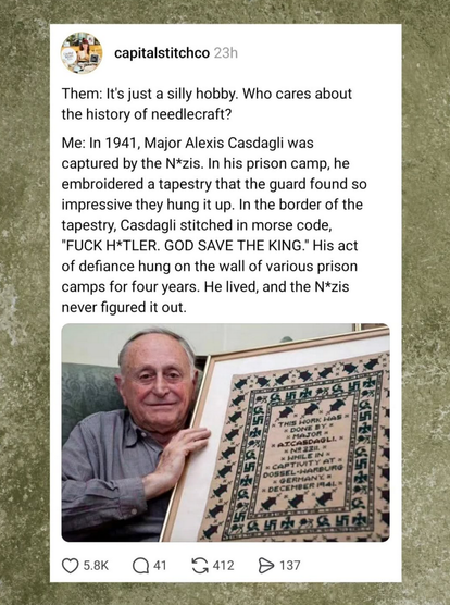 capture d'écran d'un post intagram où figure le texte écrit ci-dessus et la photo du major alexis casdagli âgé qui tient la broderie évoquée dans ses mains.