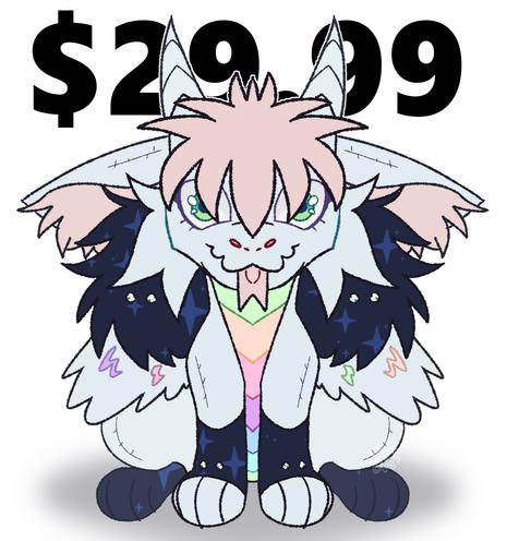 A very goofy fuwasite dragon plushie with many fluffy parts. It looks cheap. Behind it, is the text $29.99