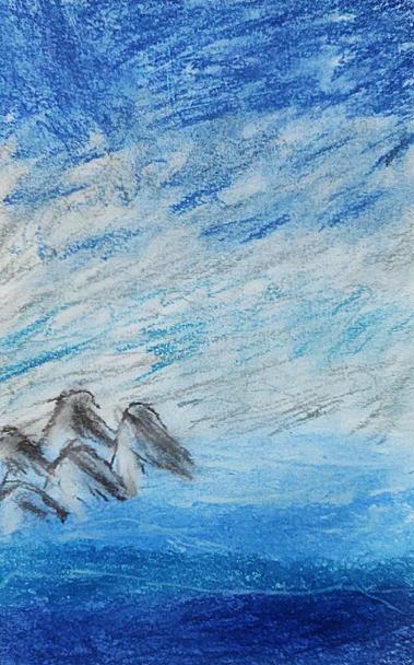 A painting of an ocean with white rocks and a blue grez skz