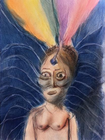 Painting of a person only showing torso and head with shafts of lightning coming out of the body and rainbow coloured light flowing into the head of the person