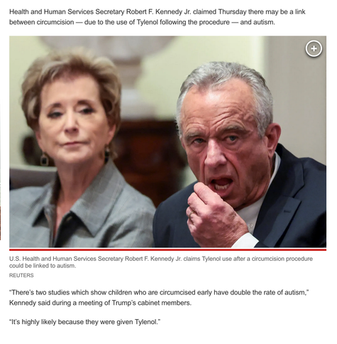 Health and Human Services Secretary Robert F. Kennedy Jr. claimed Thursday there may be a link between circumcision — due to the use of Tylenol following the procedure — and autism.

U.S. Health and Human Services Secretary Robert F. Kennedy Jr. claims Tylenol use after a circumcision procedure could be linked to autism.
REUTERS

“There's two studies which show children who are circumcised early have double the rate of autism,” Kennedy said during a meeting of Trump’s cabinet members.

“It's highly likely because they were given Tylenol.”