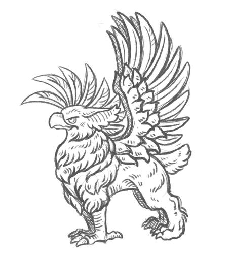 A stylised drawing of a grumpy looking gryphon
