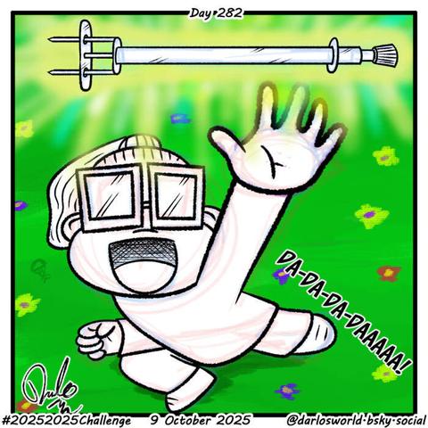 Drawing of Momma Darlo holding a pickle fork in the air in the same way Toon Link holds items up in the Legend of Zelda video games.