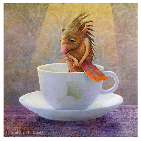 Bashful Monster in a Teacup
Humans aren't the only ones who enjoy a spot of tea now and again. Little monsters have been know to slip quietly into kitchens when no one is around and sneak a sip of two of freshly brewed sweetness. Alas, some of these tiny creatures may become so enamored with the tea, that they sip themselves silly and fall into a state of euphoria, causing all manner of behavior.