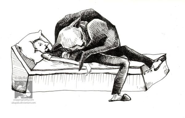 A drawing of a man lying on a bed with a giant cat sleeping on top of him