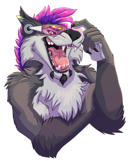 A bust badge for Dark Wolf 80s, his character, a buff grey wolf with a pink and purple Mohawk with his mouth wide open exposing teeth, also wearing a pink translucent visor with digital markings on it.