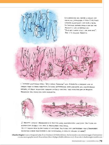 La vignetta è composta da diverse scene che illustrano temi di protesta, repressione e degrado ambientale.
Immagini:
La parte superiore mostra un gruppo di persone, probabilmente manifestanti, che vengono allontanate da agenti di polizia. Una donna anziana viene portata via.
La sezione centrale raffigura la distruzione di una foresta, con alberi abbattuti e un paesaggio che sembra inquinato da cemento.
La parte inferiore presenta una figura umana in primo piano e un paesaggio desolato e compromesso sullo sfondo.
Testo:
Il testo in alto descrive la dispersione di un gruppo di "militanti" e riporta le parole di un'anziana che protesta per il futuro dei figli. Conclude che "Non c'è dialogo possibile".
Il testo al centro spiega che l'impegno di un gruppo chiamato "Amici della Corniche" non è riuscito a impedire che la foresta venisse abbattuta, le acque inquinate e le specie minacciate.
Il testo in basso denuncia la continuazione di "progetti ecocidi" e solleva una domanda etica sul dovere di un cittadino di rispettare decisioni politiche che contrastano con l'emergenza climatica, anche a costo di violare la legge.