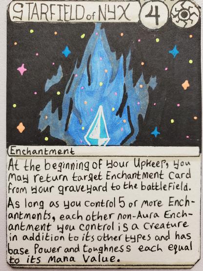 An art proxy of Starfield of Nyx. A blur flame shining from a diamond in the depths of night with multicolored stars all around.