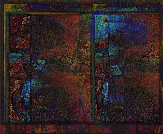 Digitally modified photos of metal surfaces were blended together to create a split framed composition, that suggests a surreal stereoscopic pair of images. The deep rust reds are fractured with shades of glassy blue patina, as if the subject was caught in motion.