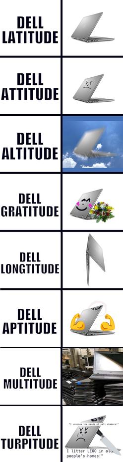 A meme with lots of panels about laptops.
1: Dell Latitude. Just a laptop.
2: Dell Attitude. Laptop with angry face.
3: Dell Altitude. Laptop falling from the sky.
4: Dell Gratitude. A happy smiling laptop with a bouque.
5: Dell Longtitude. Laptop standing on its side being very long.
6: Dell Aptitude. Laptop with two huge biceps and a text saying "stronk". There also is a Debian logo barely visible.
7: Dell Multitude. A huge pile of laptops. The word "Dell" is put over the laptop logo.
8: Dell Turpitude. An angry laptop with a knife behind its back and the text "bad boi" on its lit. It also has those tear tattoo on its eye. Two text say "I unscrew the heads of salt shakers" and "I littter Lego in old people's homes".
