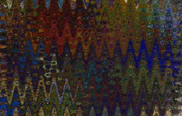Digitally modified photos of metal surfaces were blended together to create a wavy patterned glass composition, that is a surreal dreamlike image. The deep rust reds are spiked in bubbled amplitudes with shades of glassy blue yellowed green patina, as if the subject was caught in motion.