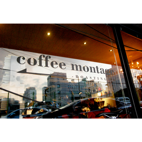 "Coffee Montage Roasting Co." sign on a window.