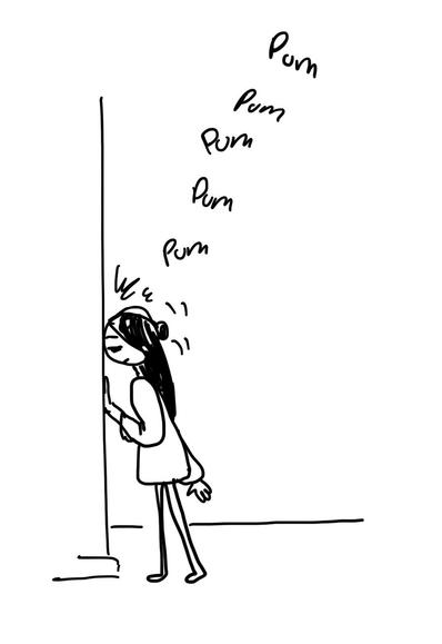 A simple black and white illustration of a person leaning against a wall with their head tilted, appearing to listen. The word "Pum" is repeated several times above their head, suggesting a sound or noise.
