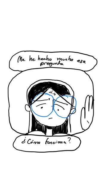 A cartoon character with glasses appears contemplative and raises a hand, accompanied by text expressing curiosity about a question. The top text says, "Me he hecho mucho esa pregunta," and the bottom text asks, "¿Cómo funciona?"