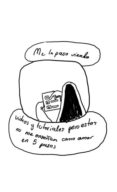 A cartoonish figure, dressed in black, is shown sitting and holding a checklist. The text above reads "Me la paso viendo" and below it, "videos y tutoriales pero estos no me enseñan como amar en 5 pasos," expressing