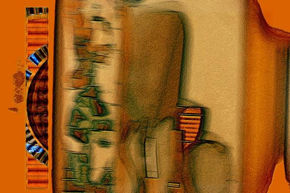 A motion glitched photo of kitchen utensils hanging on a wall has been digitally modified. The dark burnt orange surface gives the impression that the utensils are trying to emerge out of the wall.