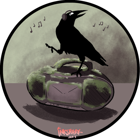 A black bird wearing headphones and dancing his little feathered butt off on top of a mossy boombox, which we can only assume is bluetooth-enabled
