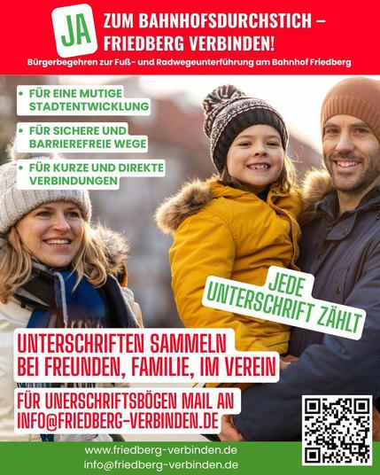 Wenn ihr in eurem Umfeld, bei Freunden, Familie oder im Verein, Unterschriften sammeln wollt, meldet euch für Unterschriftsbögen.

Mail an: info@friedberg-verbinden.de