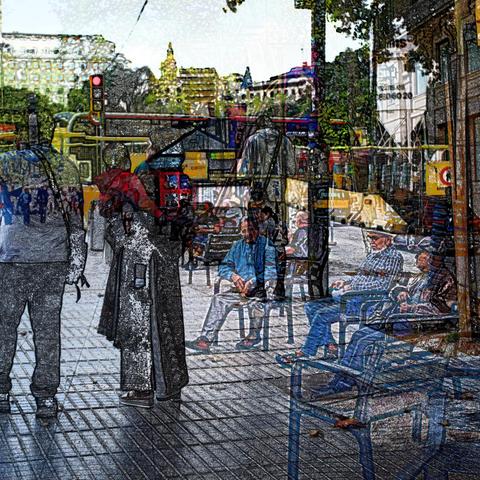 Barcelona digital edited double exposure street photography, made with the GNU Image Manipulation Program.