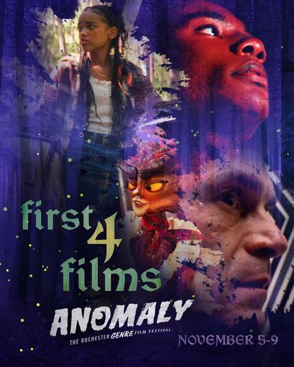 A collage of images from the first four announced films of the Anomaly film festival. Text: First 4 films. November 5-9. Anomaly, the Rochester Genre Film Festival.