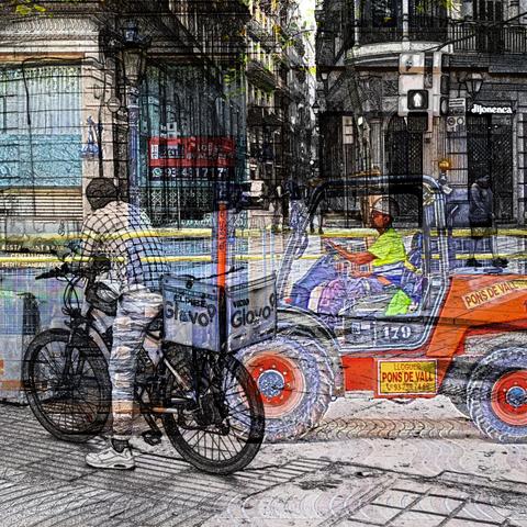 Barcelona digital edited double exposure street photography, made with the GNU Image Manipulation Program.