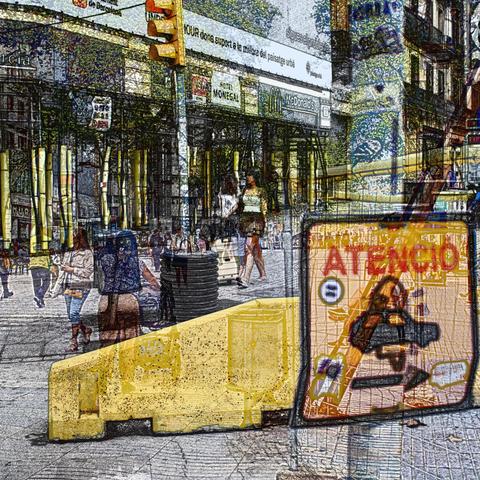 Barcelona digital edited double exposure street photography, made with the GNU Image Manipulation Program.