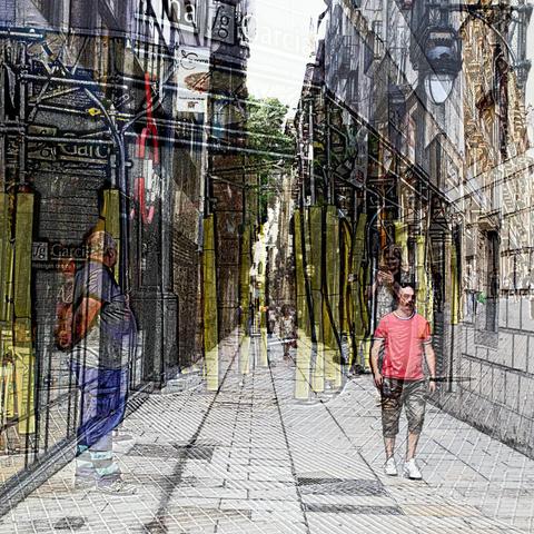 Barcelona digital edited double exposure street photography, made with the GNU Image Manipulation Program.