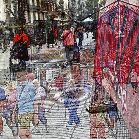 Barcelona digital edited double exposure street photography, made with the GNU Image Manipulation Program.