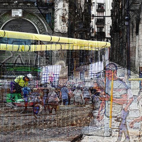 Barcelona digital edited double exposure street photography, made with the GNU Image Manipulation Program.