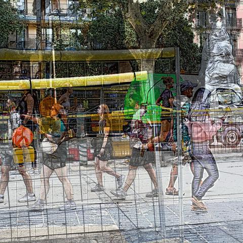 Barcelona digital edited double exposure street photography, made with the GNU Image Manipulation Program.