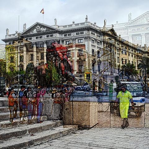 Barcelona digital edited double exposure street photography, made with the GNU Image Manipulation Program.