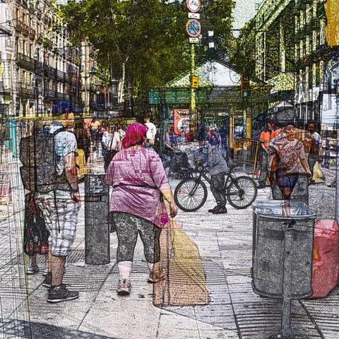 Barcelona digital edited double exposure street photography, made with the GNU Image Manipulation Program.