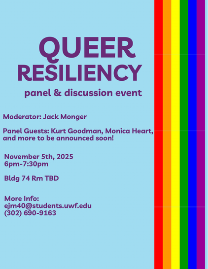 A flyer for a "QUEER RESILIENCY" panel and discussion event. The background is light blue with a vertical rainbow stripe on the right side. The text is in dark purple. The panel will be moderated by Jack Monger and features guests Kurt Goodman and Monica Heart, with more to be announced. The event is on November 5th, 2025, from 6 pm–7:30 pm at Bldg 74 Rm TBD. Contact information for more info is ejm40@students.uwf.edu and (302) 690-9163.