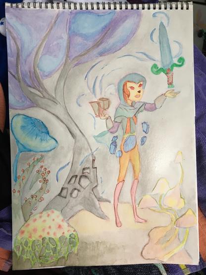 a rainbow of pastel colors illustrate the idea of a magical forest, made of fantasy elongated trees and pillow sized mushrooms that glow and sprawl on the forest floor. a magic user in a hooded cloak has chunks of magical material pulled from the nearby tree floating in a circle around themselves as part of a ritual they are performing. a magical sword is being enhanced in this captured moment, magic pouring in from hand held artifacts by the magic user.