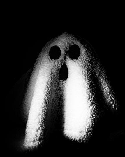 A black and white image of a small "ghost." The ghost is made of a small fluffy white blanket with three  spots making up eyes and a mouth