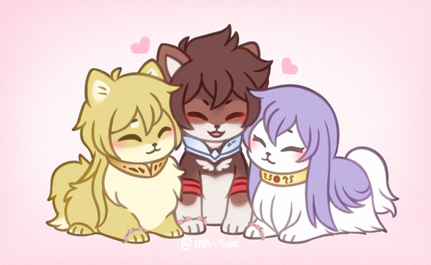 Digital drawing of the characters Alone, Tenma and Sasha from the manga series "Saint Seiya: The Lost Canvas" as little dogs. From left to right: Alone is a fluffy dog with perky ears and golden fur, Tenma is a brown dog with cream colored underbelly and perky ears, Sasha is a white dog with long straight fur and lilac hair. The three are cuddling.
