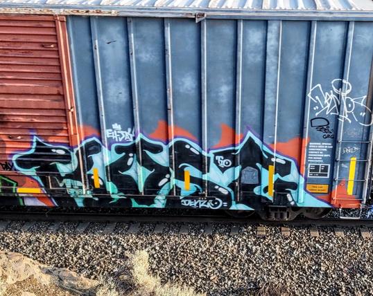 Train car with graffiti rolling through Kamloops BC Canada