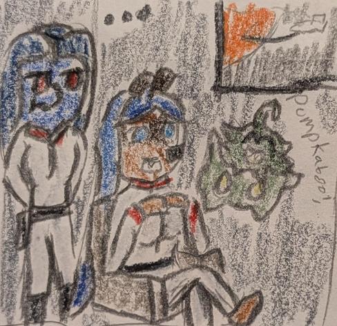 Color pencil drawing of Lily Ikutan, an anthro tanuki woman, sitting in her command chair on her starship. Her pumpkaboo friend happily floats beside her. Her first officer, a Chiss woman from Star Wars, stares at the Pokemon suspiciously. A display showing a ship on an approach vector towards a planet is in the background.