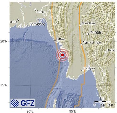Map showing the earthquake of 2025-10-10 in Myanmar