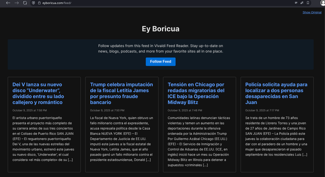 foto de escritorio de la página EyBoricua y su feed de RSS. En lugar de mostrar el código JSON, los posts están catalogados en sus propios recuadros con título y descripción